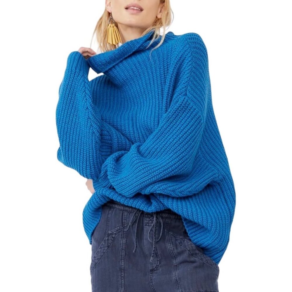 NWT Free People XS Swim Too Deep Oversized Sweater Mykonos Blue